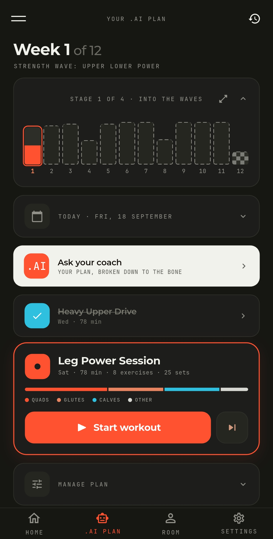 Coach.AI My AI Plan in dark mode, showing Week 1 and the current program stage